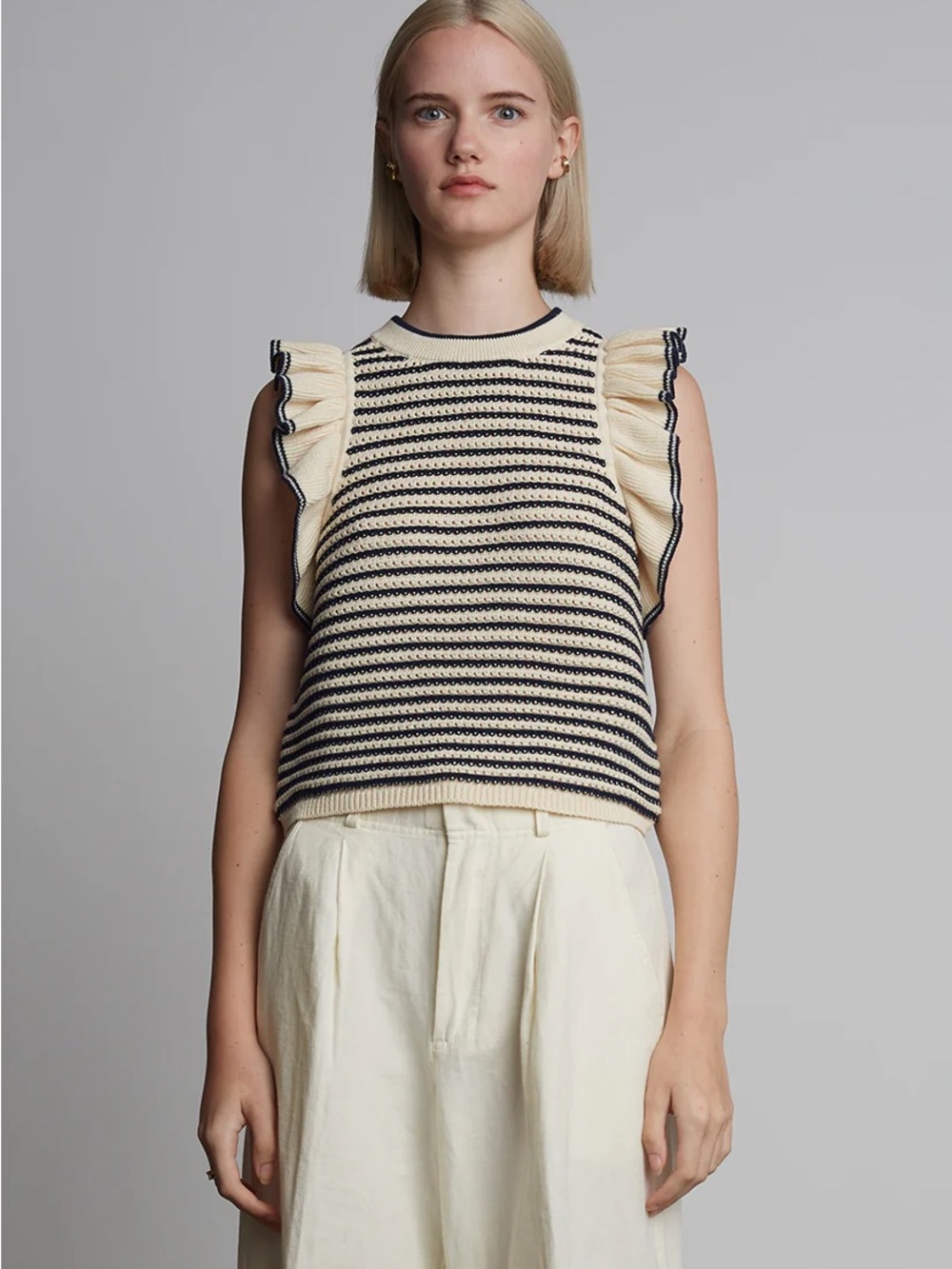 Striped Ruffle Sleeve Knit Tank - Cream & Black